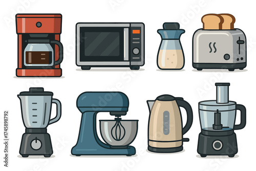 Kitchen appliances and household electronics vector icon set. Collection of coffee maker, microwave, blender, and toaster.