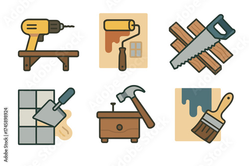 Home improvement and DIY tools vector icon set. Symbols for renovation, repair, and carpentry projects.