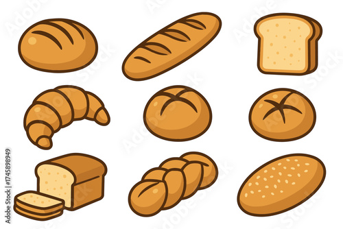 Bread and baked goods cartoon vector illustration set. Collection of bakery products like loaf, baguette, and croissant.