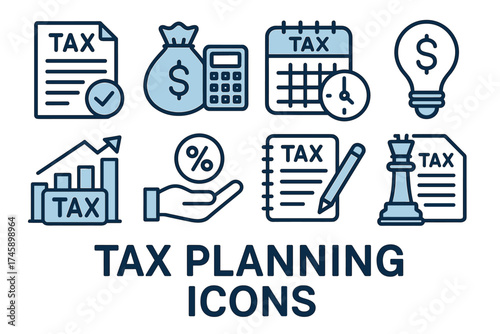 Tax planning and finance management line icon set. Vector symbols for accounting, deadline, and financial strategy.