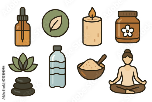 Spa, wellness, and self-care vector icon set. Collection of aromatherapy, meditation, and relaxation symbols.