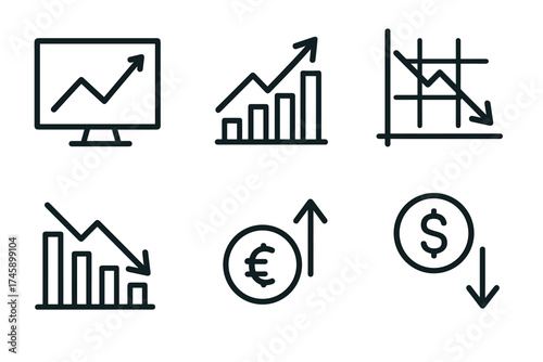 Financial market and stock exchange line icon set. Vector symbols of growth and recession charts and currency trends.