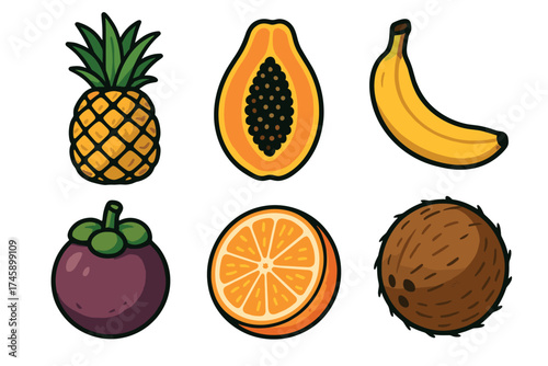 Tropical fruits cartoon vector illustration set. Collection of fresh pineapple, papaya, banana, and coconut.