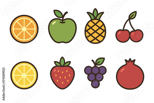 Cute fruits vector icon set. Simple collection of colorful orange, apple, pineapple, and strawberry icons.