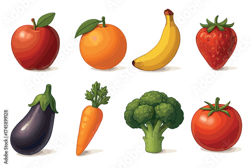 Fruits and vegetables realistic vector illustration set. Hand drawn collection of apple, orange, carrot, and tomato.