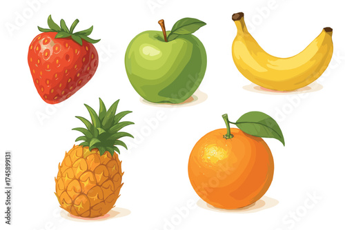 Fresh fruits realistic vector illustration set. Painterly style collection of strawberry, apple, banana, and pineapple.