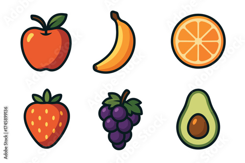 Simple fruits vector icon set. Collection of healthy apple, banana, orange, and strawberry symbols.