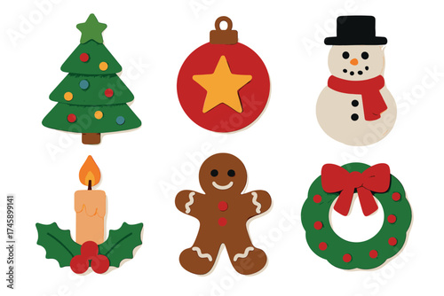 Christmas cookie and decoration vector illustration set. Collection of festive handmade style symbols.