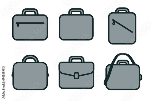 Business briefcase and laptop bag vector icon set. Simple collection of portfolio and document cases.