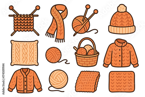 Knitting and wool craft doodle icon set. Hand drawn collection of yarn, needles, and handmade clothes.