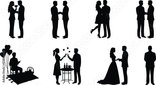 Romantic couple silhouettes, dating, wedding dance, love celebration, same-sex relationship, picnic with balloons, romantic dinner, marriage proposal, Valentine’s day illustration