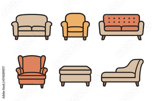 Sofa and armchair furniture vector icon set. Collection of comfortable seating for home interior design.