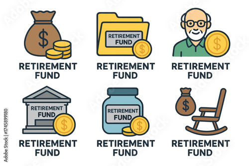 Retirement fund and pension savings vector icon set. Symbols of financial planning for senior citizens.
