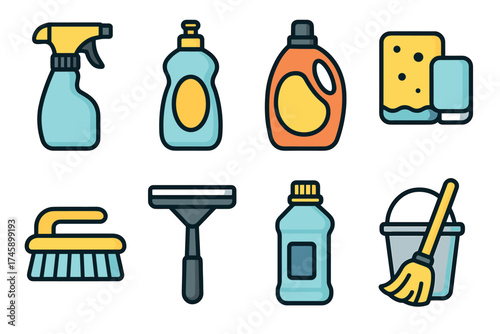 Cleaning supplies and household chores vector icon set. Collection of detergent, spray, and tools for cleaning.