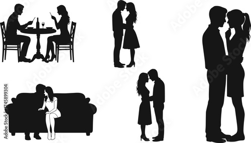 Romantic couple silhouette illustration, man and woman kissing, sitting on sofa, dating at restaurant, romantic relationship and love concept design