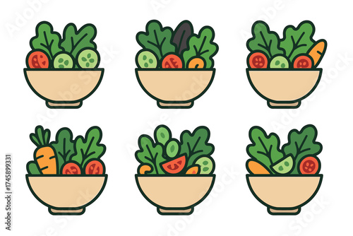 Fresh salad bowls vector icon set. Collection of healthy vegetable salads for a nutritious meal.