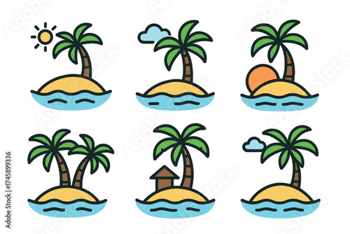 Tropical island and palm tree vector icon set. Collection of paradise beach scenes for summer vacation.