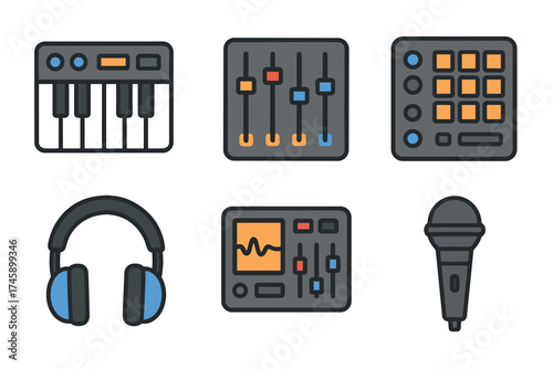 Music production and studio equipment vector icon set. Collection of dj and audio engineering tools.