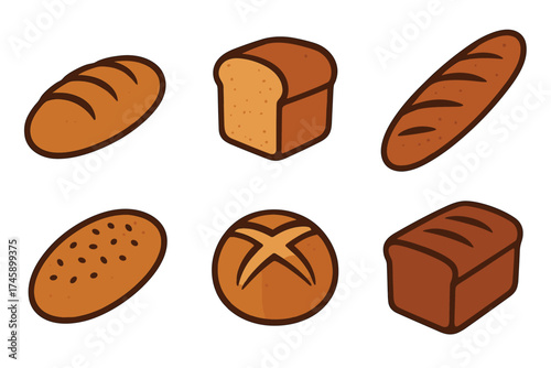 Bread and bakery products isometric vector icon set. Cartoon collection of various loaf and roll types.