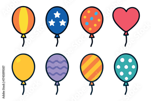 Colorful party balloons vector icon set. Collection of decorated balloons for birthday and celebration.