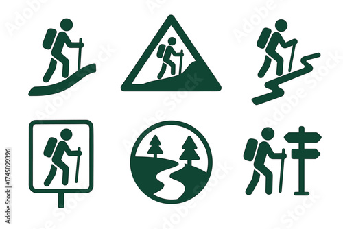 Hiking trail and trekking green icon set. Vector collection of hiker signs and symbols for outdoor activity.