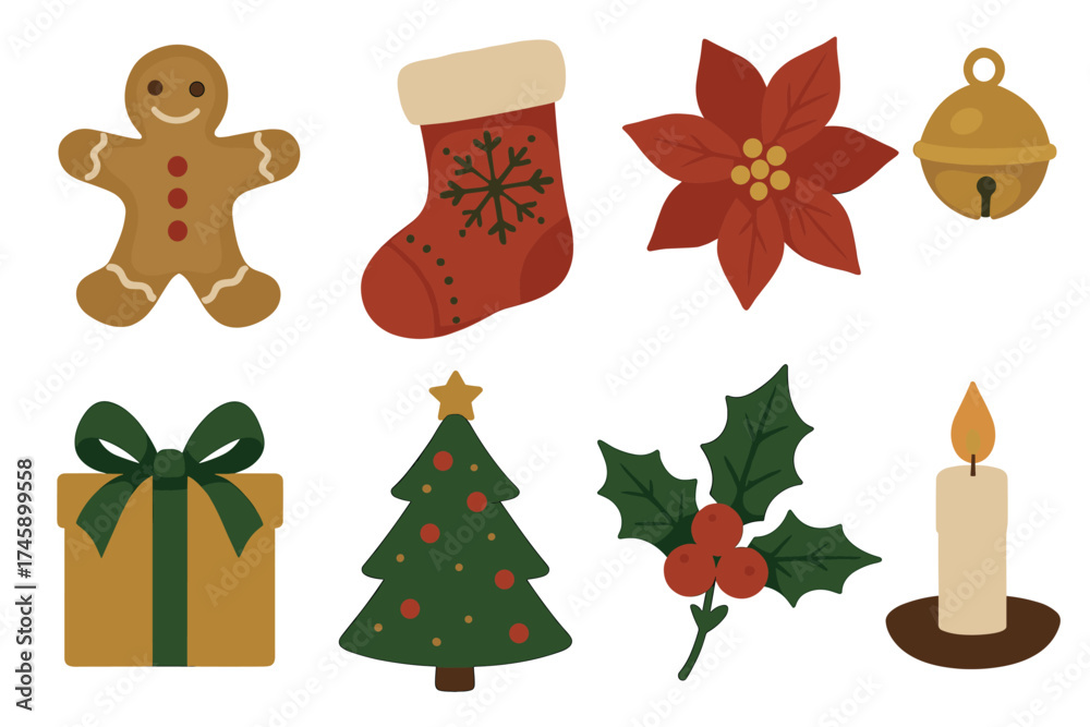 Fototapeta premium Christmas and winter holiday elements vector illustration set. Hand drawn collection of festive traditional symbols.