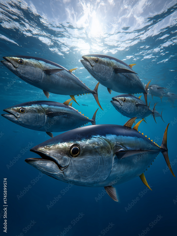 Naklejka premium Tuna fish swimming in a school underwater with sunlight