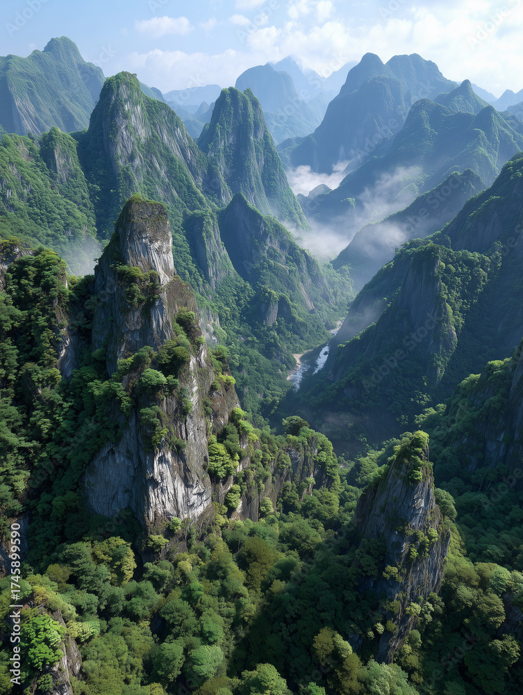 Naklejka premium Lush green mountains and valley aerial view