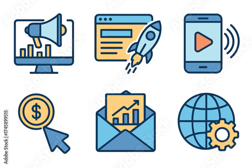 Digital marketing and business promotion vector icon set. Symbols for SEO, content, email marketing, and startup launch.