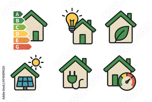 Energy efficient and eco friendly house vector icon set. Green home symbols for sustainability and renewable energy.