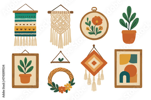 Boho wall decor and handmade crafts vector illustration set. Collection of macrame, embroidery, and tapestry hangings.