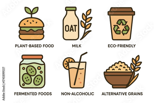 Modern food trends vector icon set. Collection of plant-based, eco-friendly, and healthy eating symbols.
