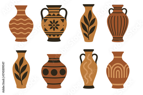 Ancient greek vases and pottery vector illustration set. Collection of terracotta amphorae with ethnic patterns.
