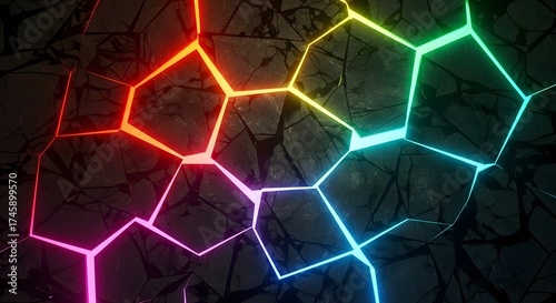 Vibrant neon hexagonal lines in a rainbow gradient glowing through a dark, cracked, and fractured surface.