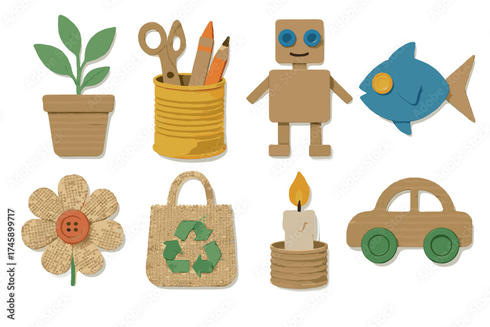 Recycled crafts and upcycled objects vector illustration set. Collection of eco friendly handmade items with paper texture.