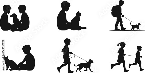 Silhouette of children playing with cats and dogs, walking pets, sitting, running, and bonding, animal friendship and outdoor activity concept illustration