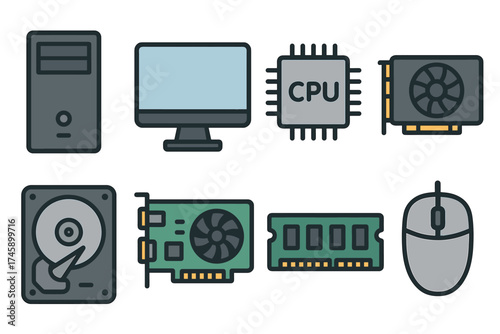 Computer hardware and PC components vector icon set. Collection of parts for building and upgrading a desktop computer.