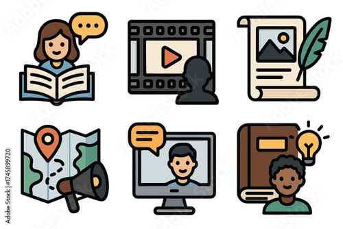 Storytelling and content creation vector icon set. Symbols for blogging, vlogging, education, and creative writing.