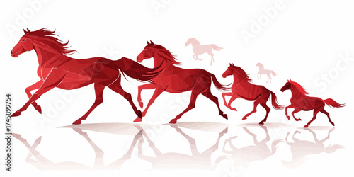 A digitally created image of a herd of stylized red horses running across a white background with reflections