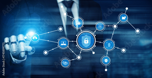 Tableau sur toile A businessman in a suit interacts with a digital interface, showcasing icons related to security, technology, and data protection, reflecting modern cyber challenges