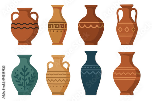 Ancient pottery and ceramic vases vector illustration set. Collection of historical greek and roman amphorae with patterns.