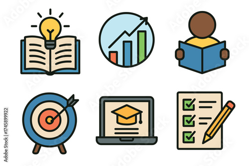 Personal growth and self-improvement vector icon set. Symbols for education, learning, and achieving goals.