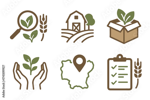 Organic farming and local agriculture vector icon set. Rustic symbols for natural, eco, and sustainable food.