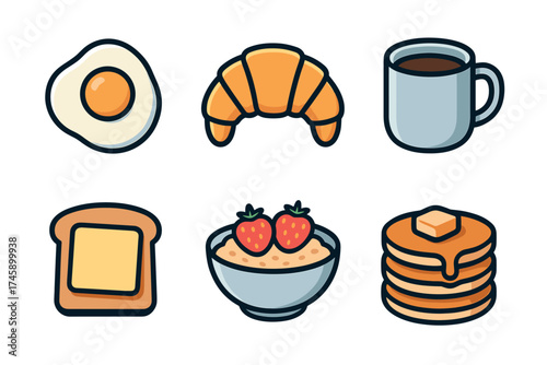 Breakfast food vector icon set. Cute cartoon collection of morning meal items like pancakes, eggs, and coffee.