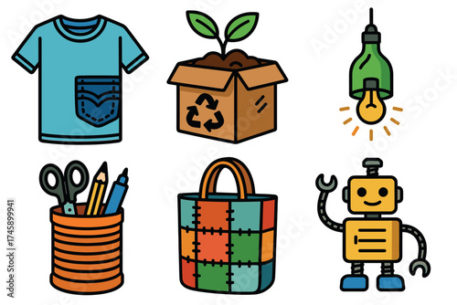 Upcycling and DIY crafts vector icon set. Collection of creative ideas for recycling and handmade projects.
