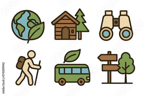 Ecotourism and nature travel vector icon set. Collection of sustainable and green adventure symbols.