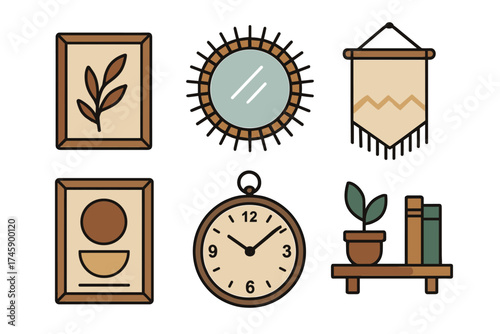 Boho wall decor and interior accessories vector icon set. Collection of trendy and rustic home decorations.