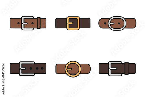 Leather belt buckles vector icon set. Collection of different fashion accessories for trousers.