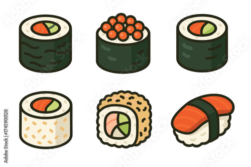 Sushi and japanese food vector icon set. Isometric collection of maki roll, nigiri, and gunkan sushi.