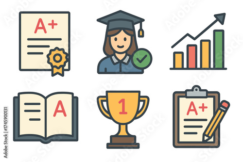 Academic achievement and success in school vector icon set. Symbols of good grades, graduation, and winning.
